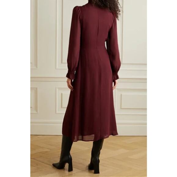 New Reformation Stevi Shirred Georgette Midi Dress Bold Claret size 10 - Picture 6 of 9